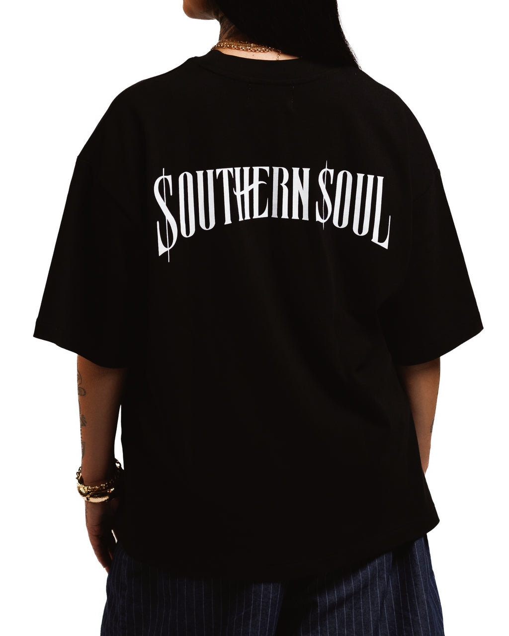 Black Logo Tee – back, $OUTHERN $OUL arched print
